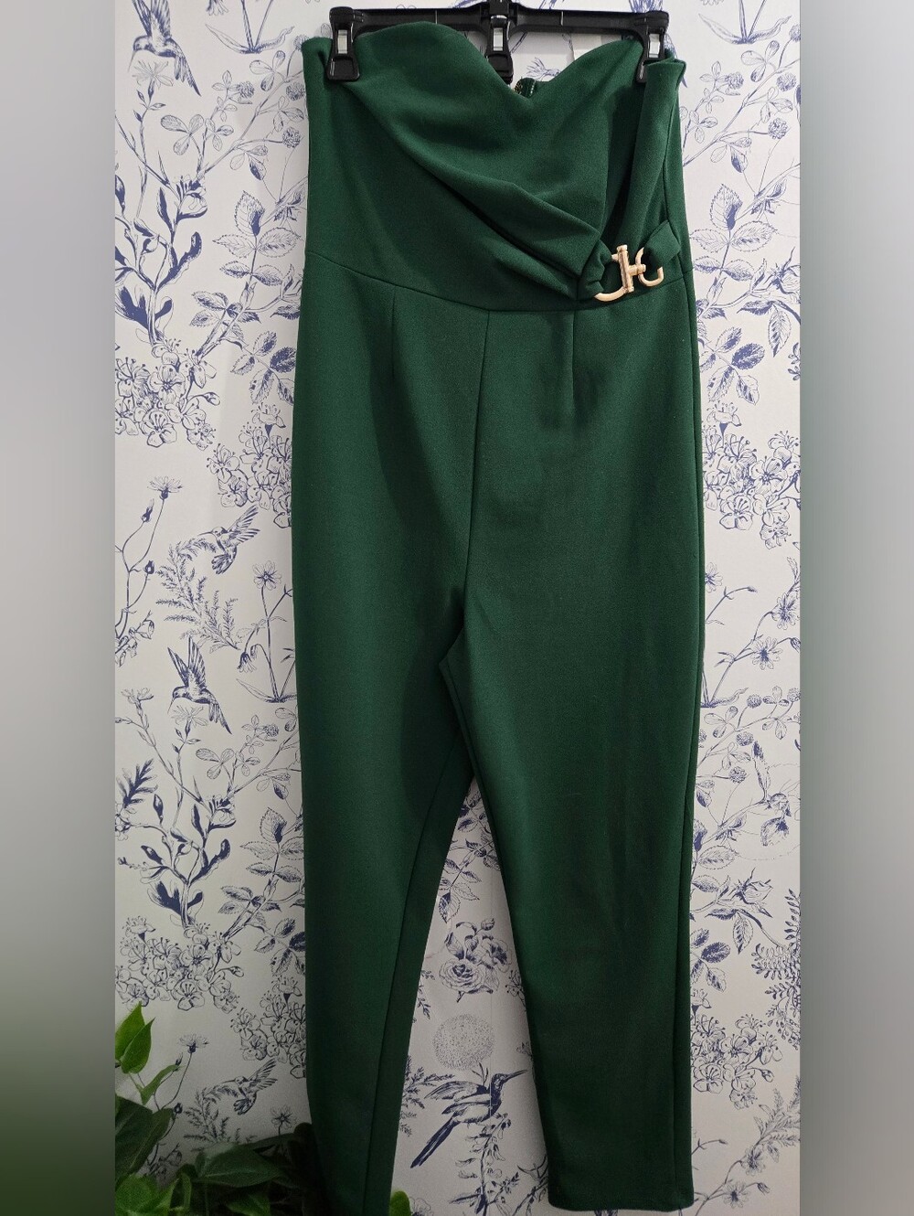 Women’s High-Waist Green Jumpsuit Pants with Gold Accent